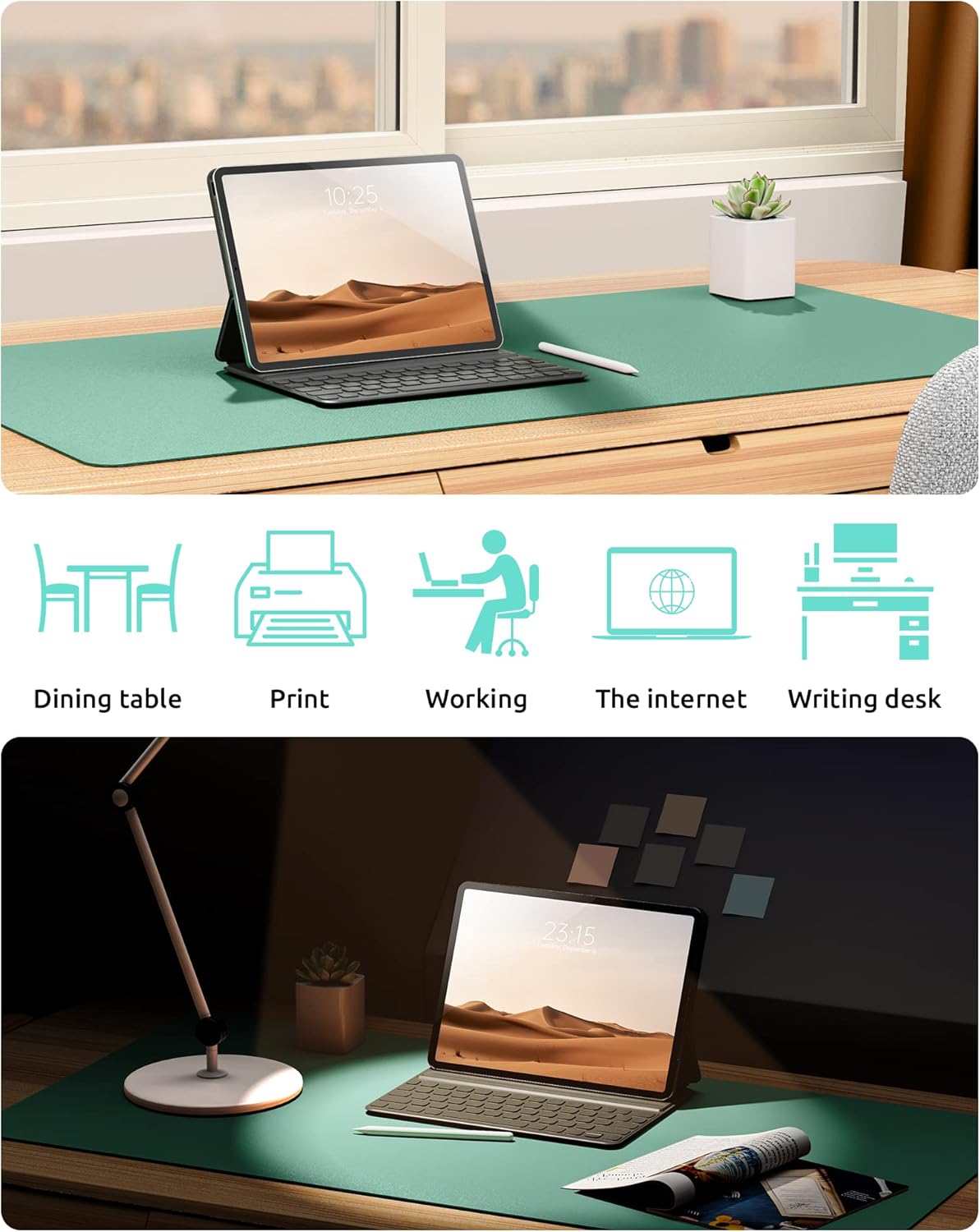 YSAGi Leather Desk Protector, Office Mat, Large Mouse Mat, Non-Slip PU Leather Blotter, Laptop Desk Pad, Waterproof Writing Pad for Office and Home (Green-Blue, 23.6" x 13.8")