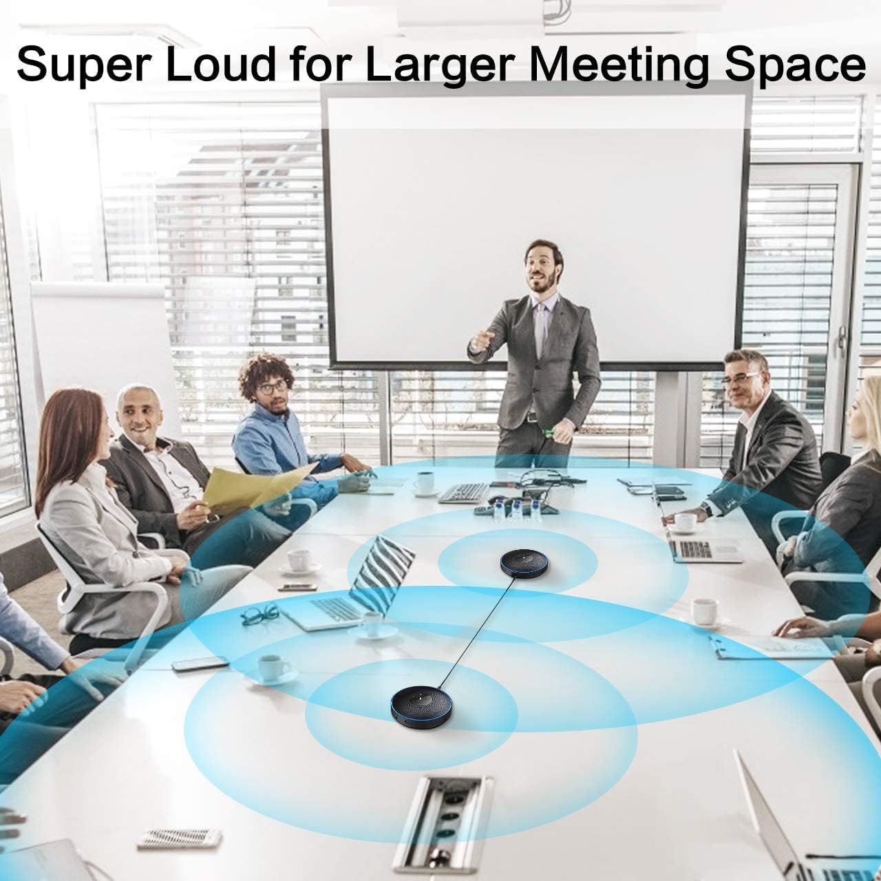 EMEET Bluetooth Speakerphone - Daisy Chain/Use Alone up to 16 attendees, M220 Professional Wireless Speakerphone 360°Voice Pick-up 8 AI Noise Cancellation Mics Skype Speakerphone for Conference Calls