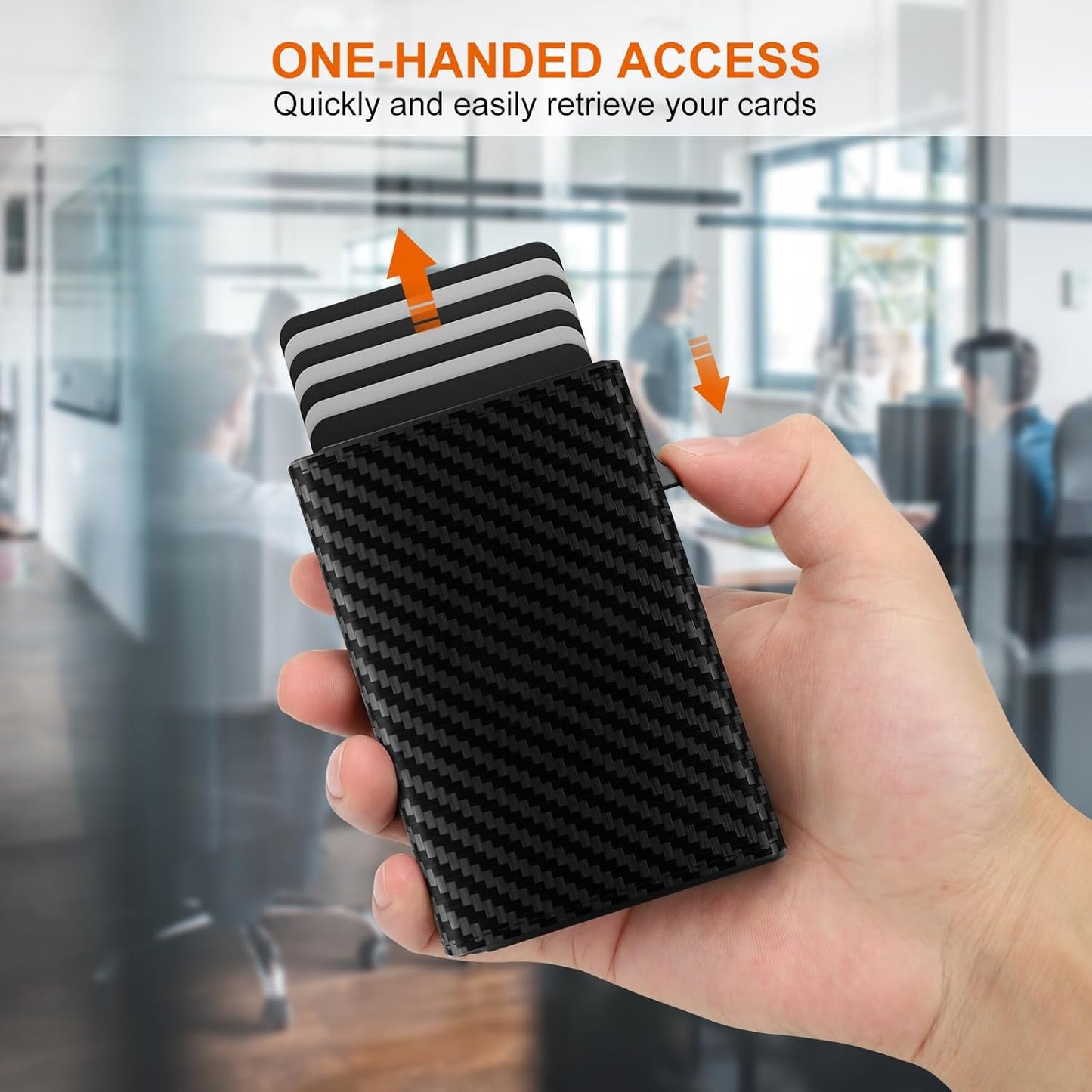 Mens Wallet Card Holder - Pop Up Aluminum Case, Flexible Carbon Fiber Leather, Smart Wallet for Men, RFID Blocking, Slim, Minimalist, Front Pocket - 9-14 Card Capacity | ID Window | Cash Slot