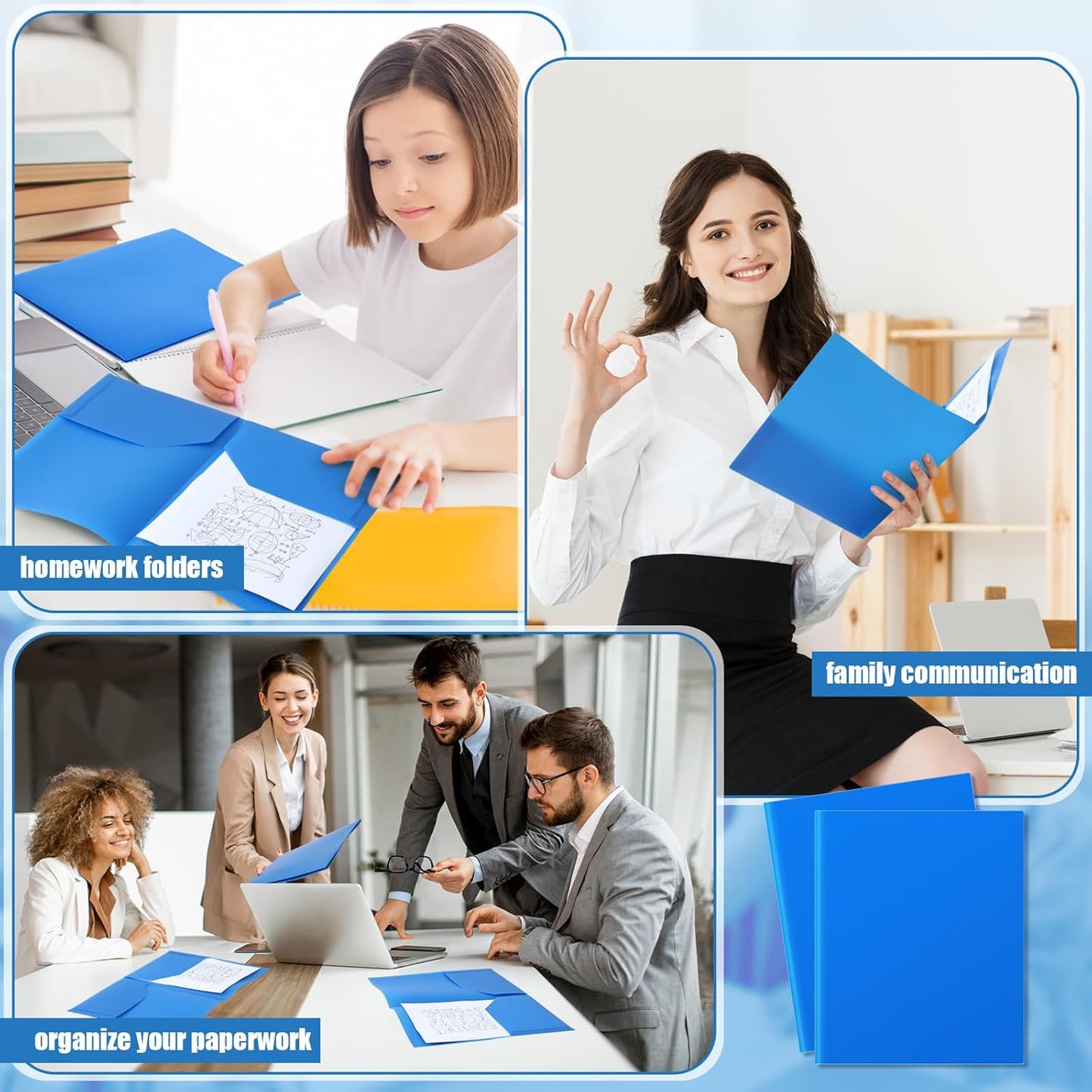 Gueevin 50 Pcs Plastic Folders with Pockets, Back to School Two Pocket Folder Fit Letter Size, Heavy Duty School Business Card Holder for Home Office, 11. 61 x 9. 45 Inches (Blue)
