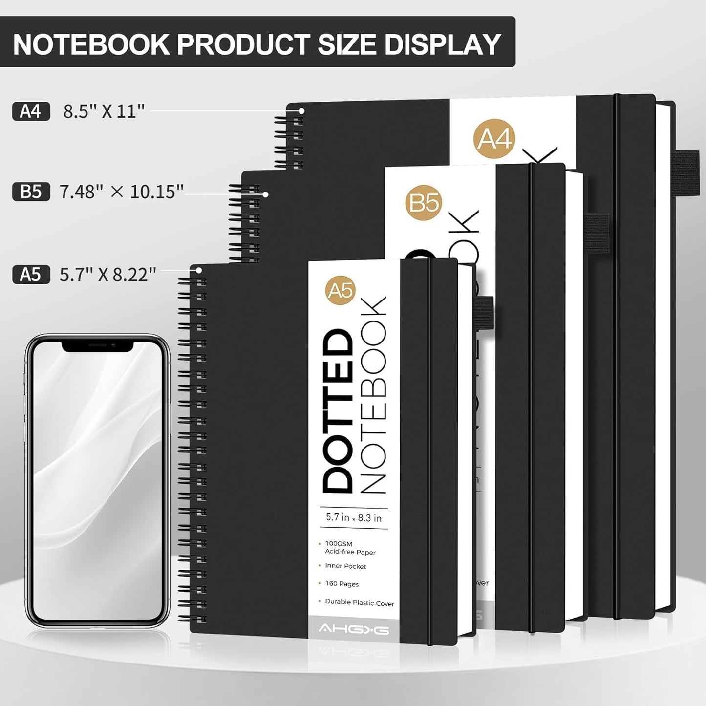 AHGXG Bullet Dotted Journal - Dot Grid Spiral Notebook A5, 160 Pages, 100 GSM Thick Paper, Waterproof Plastic Cover Journals for Bullet Journaling, Sketching, 5.7" x 8.3", Black