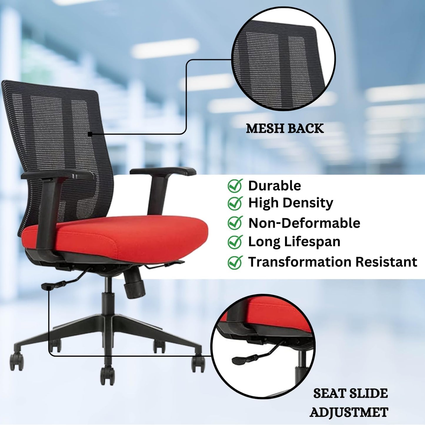 Bitchair Ergonomic Mesh Conference Room Chair - Adjustable Lumbar Support Computer Desk Chair Height Adjustable Arms - Seat Depth Adjustable Executive Office Chair - Black (Red) (Pack of 1)