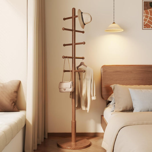 Solid Wood Coat Rack Freestanding with 10 Hooks, Coat tree freestanding 3 Adjustable Heights for coat, Hats, Handbags, Coat Stand for Entryway,Bedroom,office