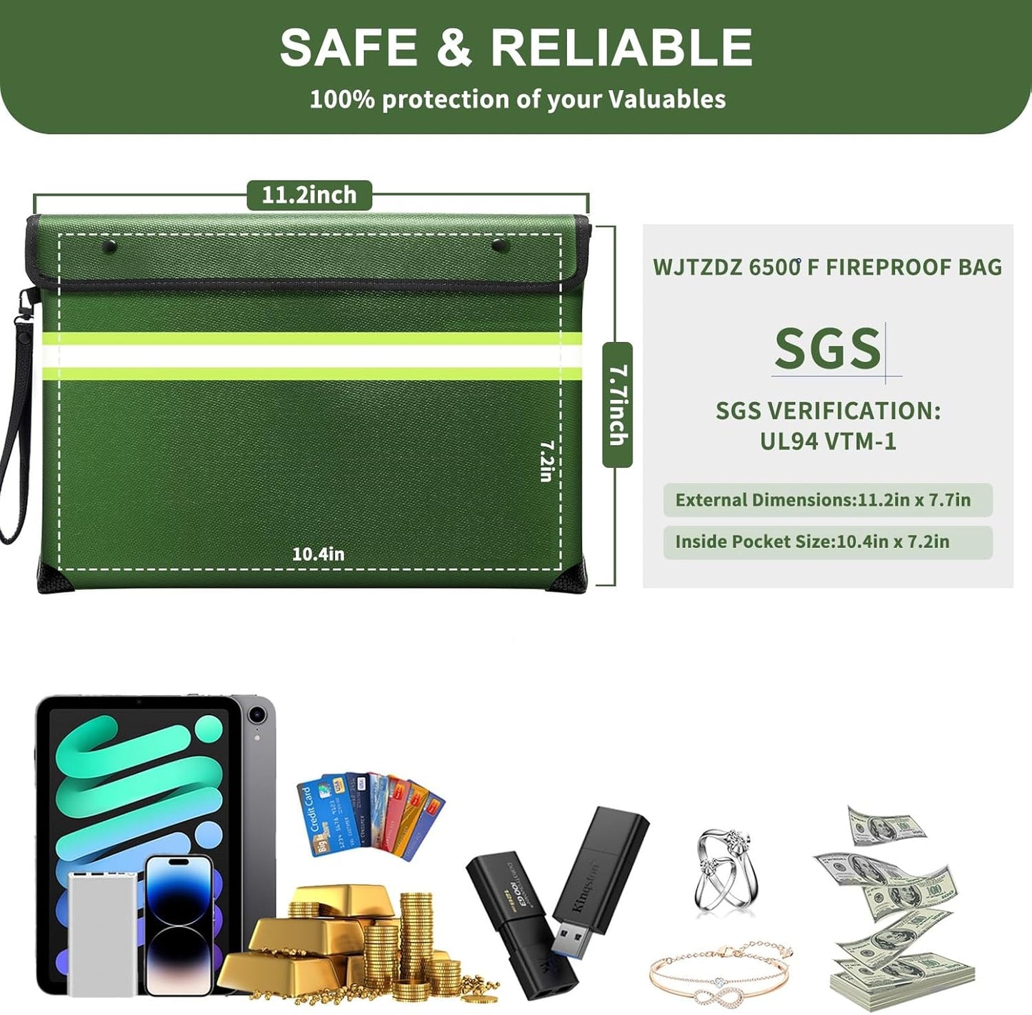 Upgraded Fireproof Money Bag, 10 Layers of Heat Insulated Materials, 6500F Fireproof, Waterproof Zipper, Reflective Strip, Document Bag with Handle for Cash, Important Documents