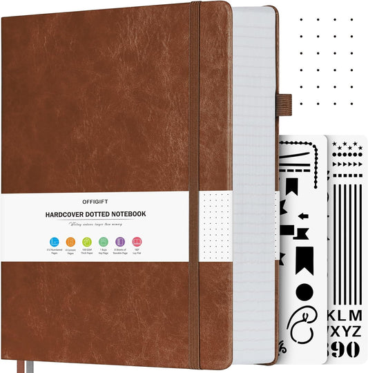 Bullet Dotted Journal, Large A4 Hardcover Leather Journal, 312 Numbered Pages Thick Journal, 100gsm No Bleed Paper Dot Grid Notebook for Women Men, 8.5'' × 11'', Brown