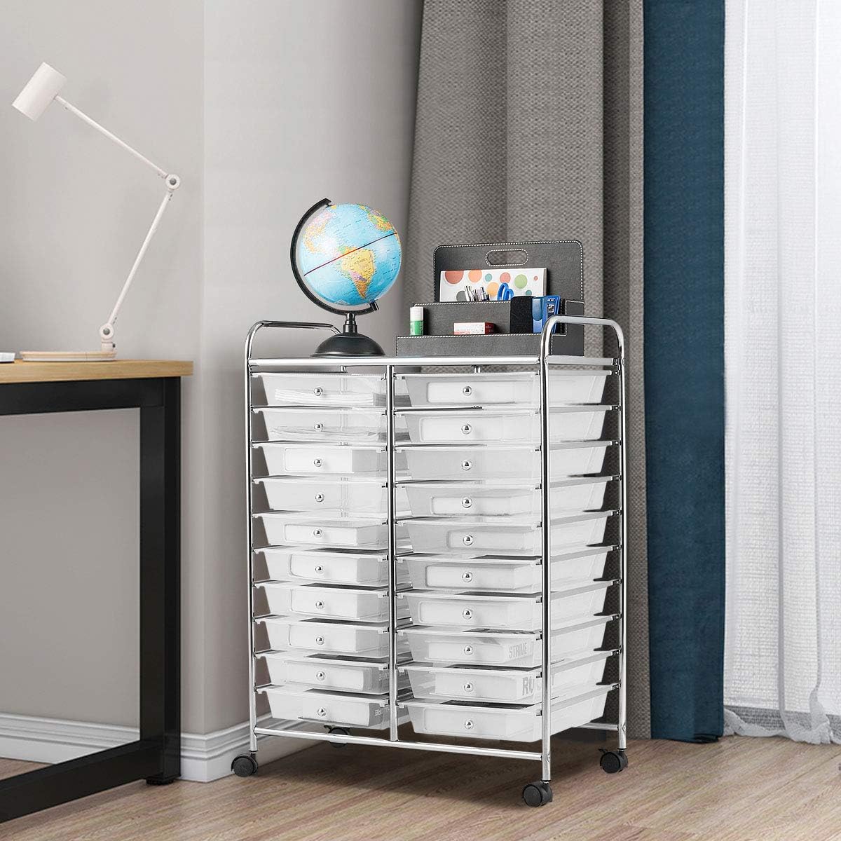 Giantex Storage Drawer Carts, 20-Drawer Organizer, Utility Cart on Wheels, Semi-Transparent Multipurpose Cart for Home Office School Supplies Tools Scrapbook Paper