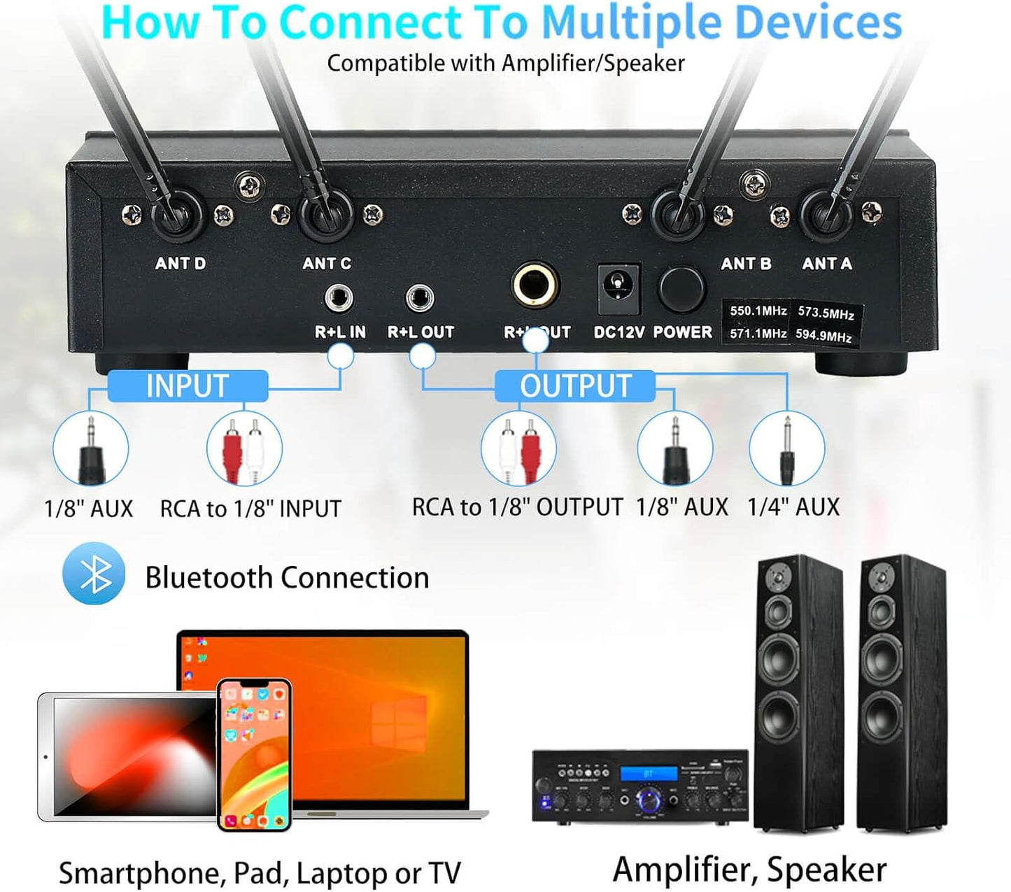 Pro Wireless Microphone System 4 Channel, UHF Metal Cordless Handheld Mics with Echo Bluetooth for Church Karaoke Singing, 4x50 Adjustable Frequency(MU-898 Battery 4 Handheld)