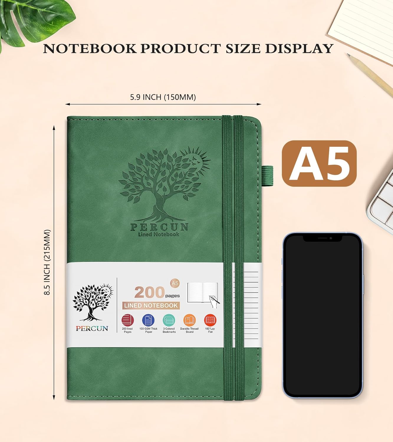 Lined Journal Notebook for Men & Women,200 Pages A5 Hardcover Leather Notebook (5.9"x8.5"), Travel Journal for Work, School, Business Writing, Note Taking, Notepad Diary (Green)