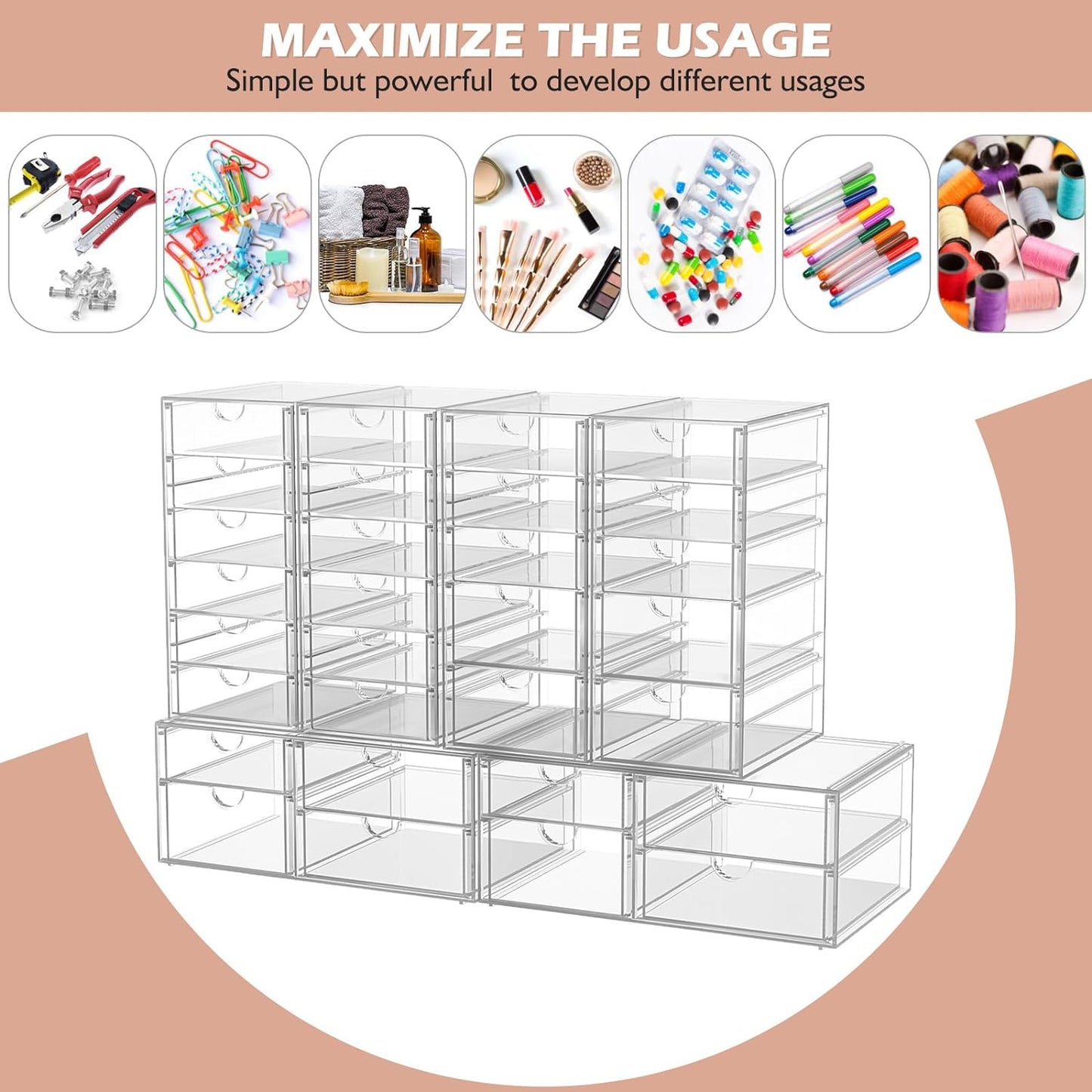2 Pack Desk Organizers, Makeup Organizer Storage With 7 Drawers, Desktop Office Supplies, Clear Desk Accessories, Dustproof Drawer Organizer and Storage for Make Up, Jewelry, Pen
