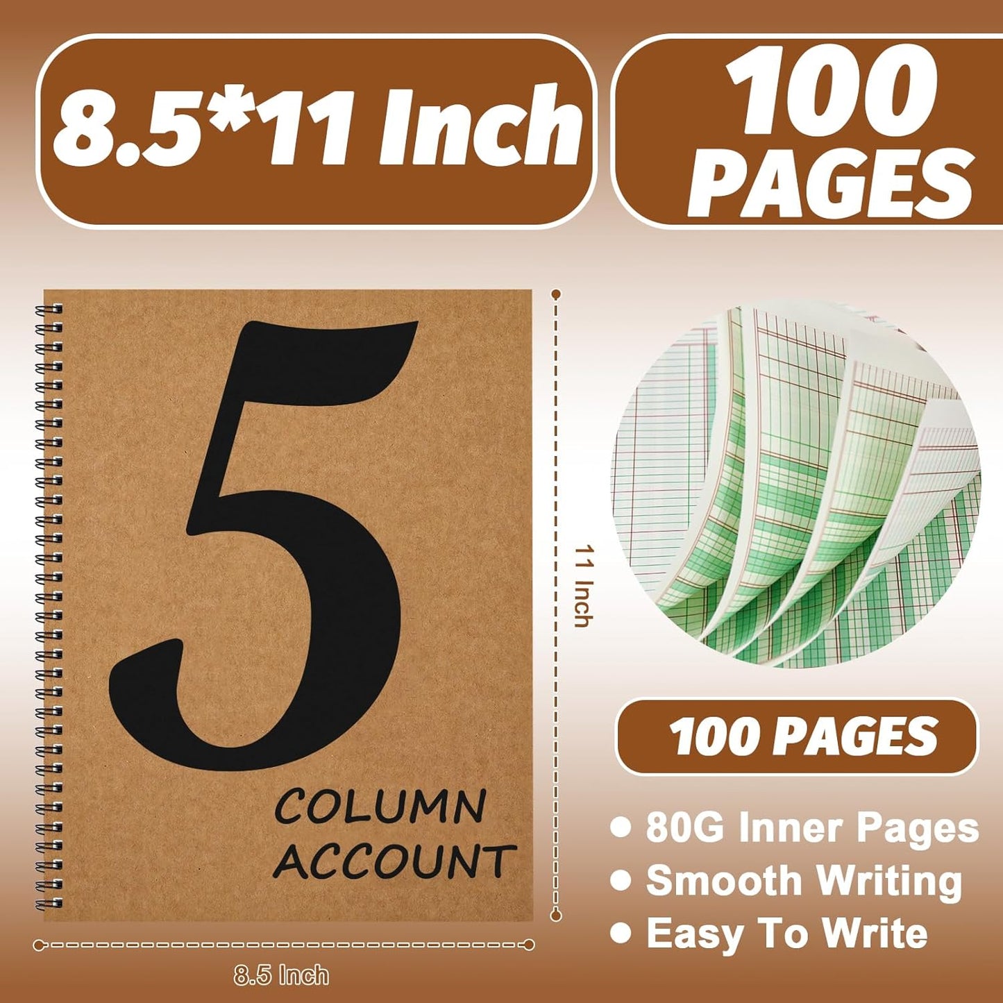 3 PCS 5 Column Ledger Book Accounting Ledger Paper Analysis Pad Financial Accounting Ledger 5 Column 8.5 * 11 Inches Log Book 5 Column 100 Pages for Bookkeeping Personal Use and Small Business