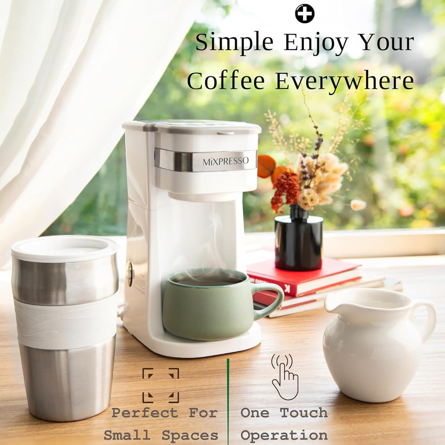 Mixpresso White Personal Single Serve Coffee Maker with 14oz Travel Mug, Drip Small Coffee Maker with Auto Shut Off, Reusable Filter, Works with Ground Coffee Only – Not for K-Cup Pods