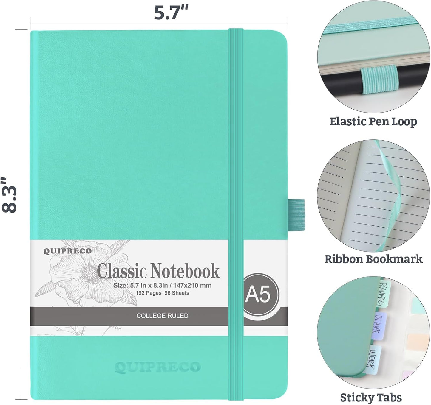 Hardcover Lined Bullet Dotted Journal Notebook, A5 140 192 Pages 100 120Gsm Paper College ruled for School,Work,Travel,and Daily Planning，5.7''*8.3'' (2, Light Green, A5 Lined)