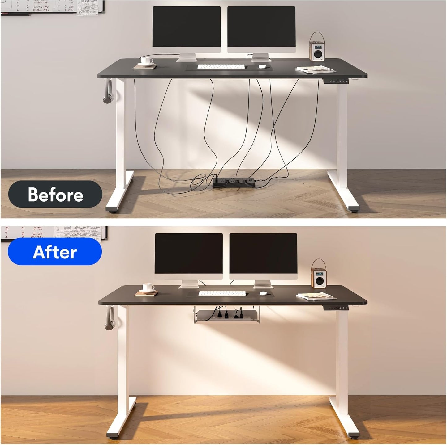 FLEXISPOT EN2 Whole-Piece Standing Desk with Clamp Power Strip, 55 x 28 Electric Stand Up Height Adjustable Desk with Cable Management (White Frame + 55" Black Desktop, 2 Packages)