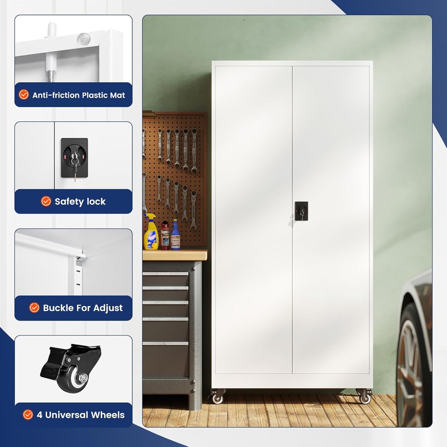 Yizosh Metal Garage Storage Cabinet with Locking Doors and Adjustable Shelves,- 75" Rolling Steel Tool Cabinet for Home Office,Garage,Warehouse