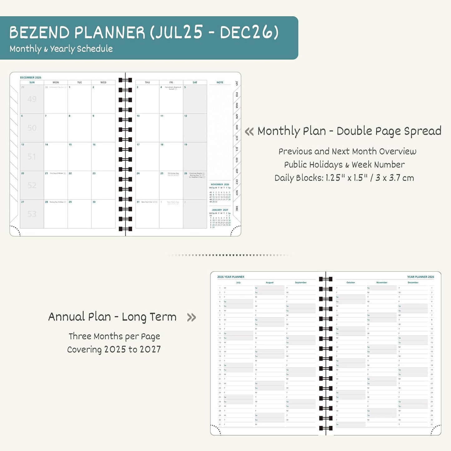 BEZEND Planner 2025-2026 Weekly and Monthly, 5.8" x 8.5" Academic Calendar (Jul 25-Dec 26) Vertical Daily Appointment with Hourly Timeslot & Monthly Tab, Spiral, PU Leather Softcover - Dark Green