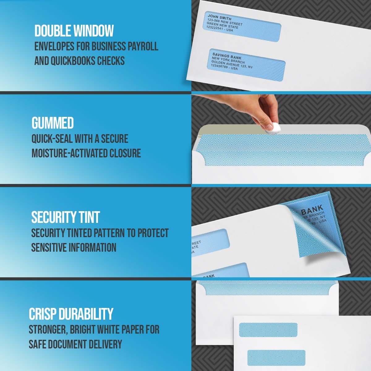 Compuchecks Double Window Envelopes #8 - Gummed, Security Business Mailing Check Envelopes - Tamper Evident, Security Tint - 500 Count – Guaranteed to fit QuickBooks Checks
