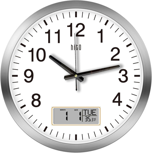 HITO 16 Inch Silent Wall Clock Battery Operated with Temperature and Date, Large Wall Clock for Living Room Decor, Office, Classroom, Bedroom
