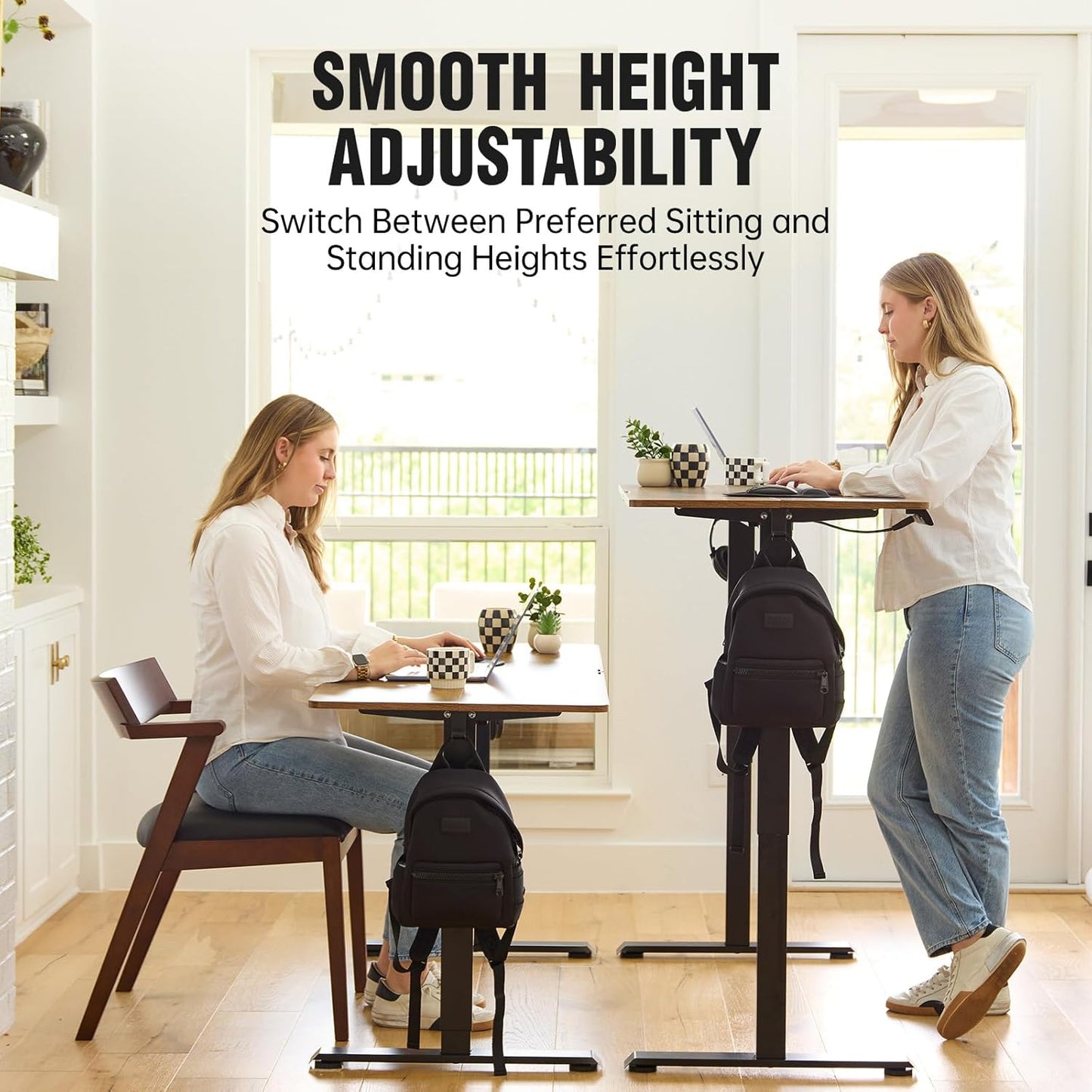 Veken 55 Inch, Height Adjustable Sit Stand Up, Wood Desktop, Work Home Office Computer PC Table, Tall Standup Workstation, Gaming Writing Study Bedroom Rising Desks, Brown