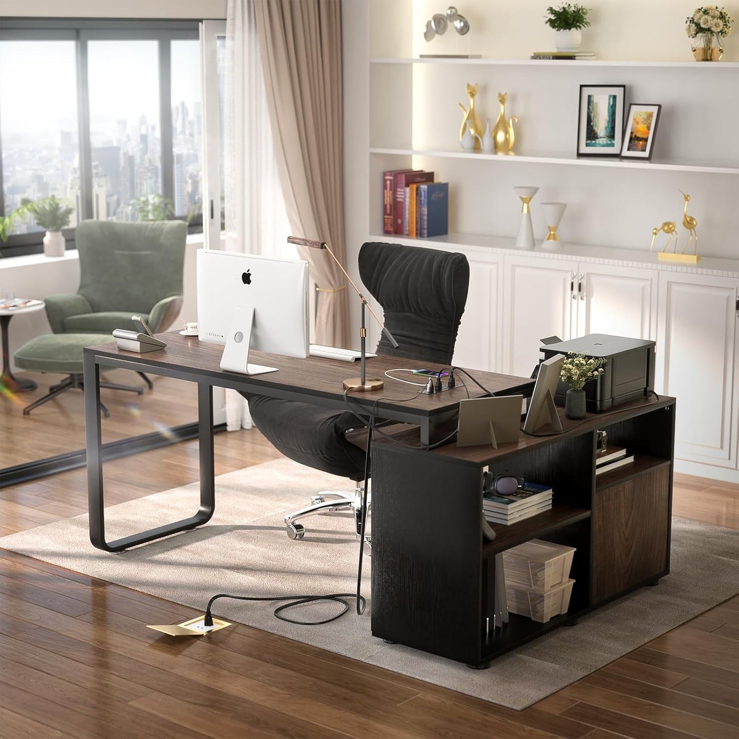 Homieasy L Shaped Desk with File Cabinet & Power Outlet, Reversible 55 Inch Large Corner Computer Desks with LED Strip, L-Shaped Computer Desk with Drawers and Storage Shelves, Espresso