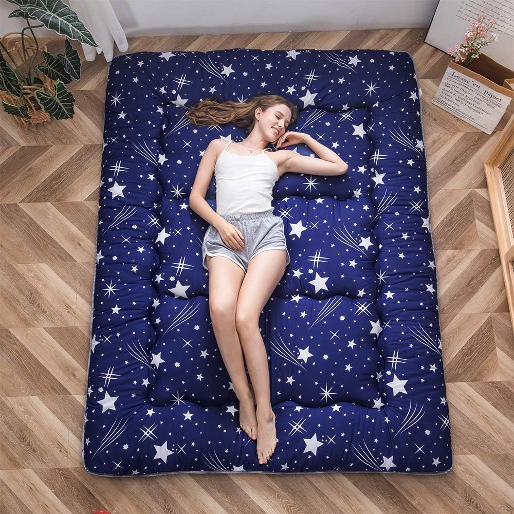 MAXYOYO Navy Starry Sky Japanese Futon Mattress, Tatami Mat Portable Camping Mattress, Kids Sleeping Pad, Foldable Roll Up Floor Lounger Couch Bed, Twin Size with Cover
