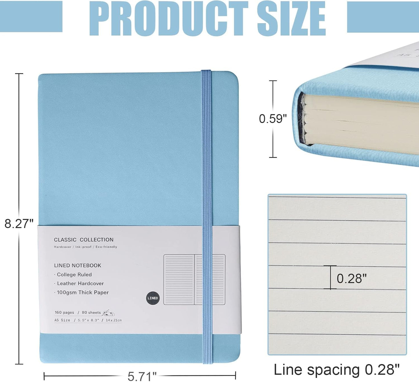 Lined Journal Notebook, 10Pack(Sky Blue), 160 Pages, Medium 5.7 inches x 8 inches - 100 gsm Thick Paper, Hardcover