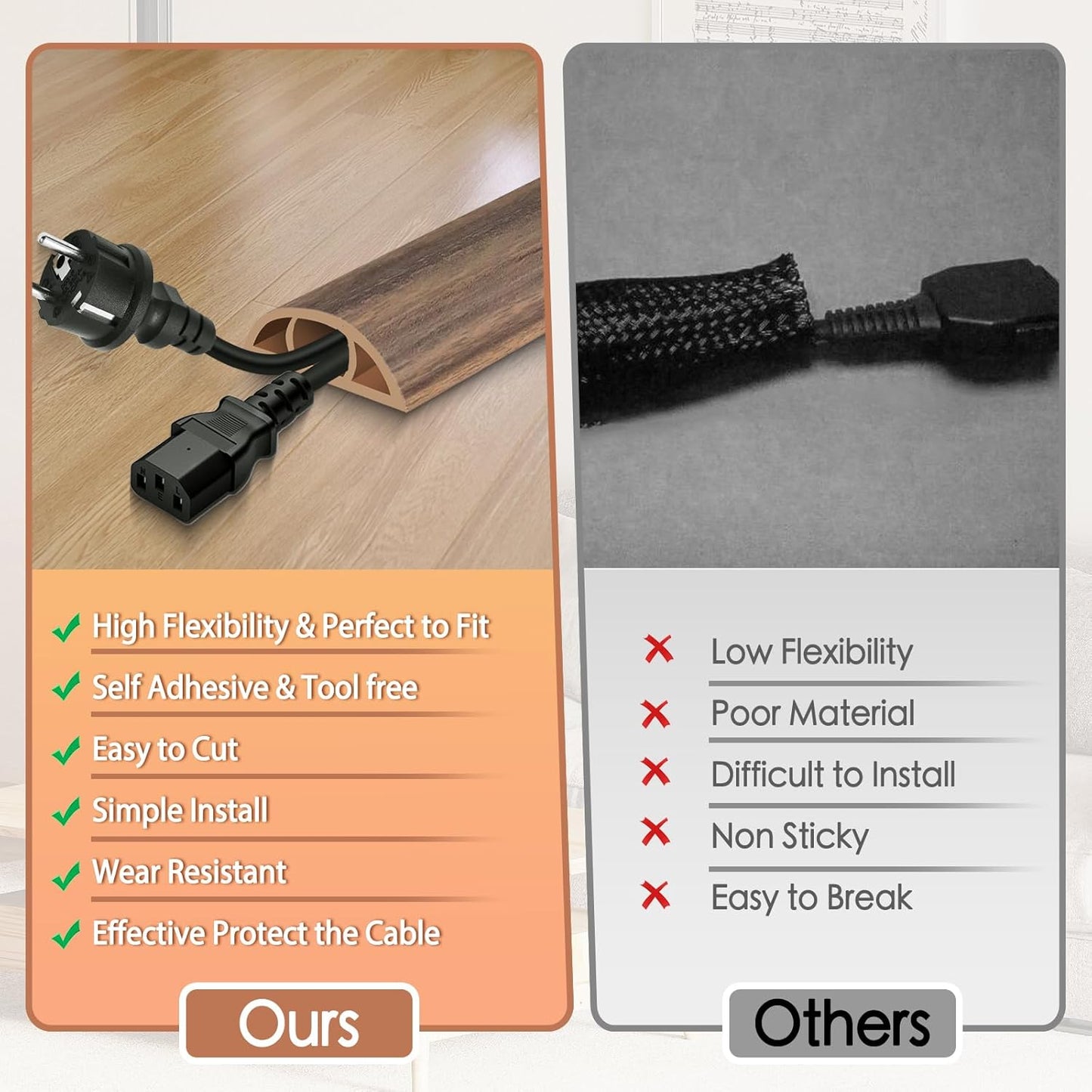 Floor Cord Cover for Wires on Floor Self Adhesive Cord Hider Floor Cable Management Wire Covers for Cords Protector Prevent Cable Trips Cord Cavity W 0.47" x H 0.27", Misty Brown Wood, 20Ft