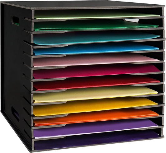 SANFURNEY Scrapbook Paper Organizer for Sizes 12" x 12", 12 Slots File Sorter Storage, Document Holder, Desktop Scrapbook Paper Organizer Rack for Home Office School (Black, 12 Slots - Standard Size)