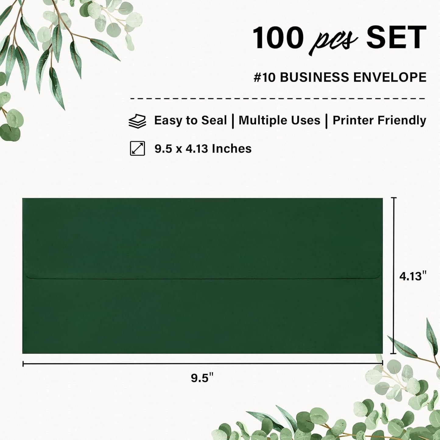 100 Pack #10 Business Envelopes, Self Seal Standard Christmas Dark Green Envelopes for Secure Business & Legal Mailing, Office, Checks, Letter, Invoices, 4 1/8 x 9 1/2 Inches