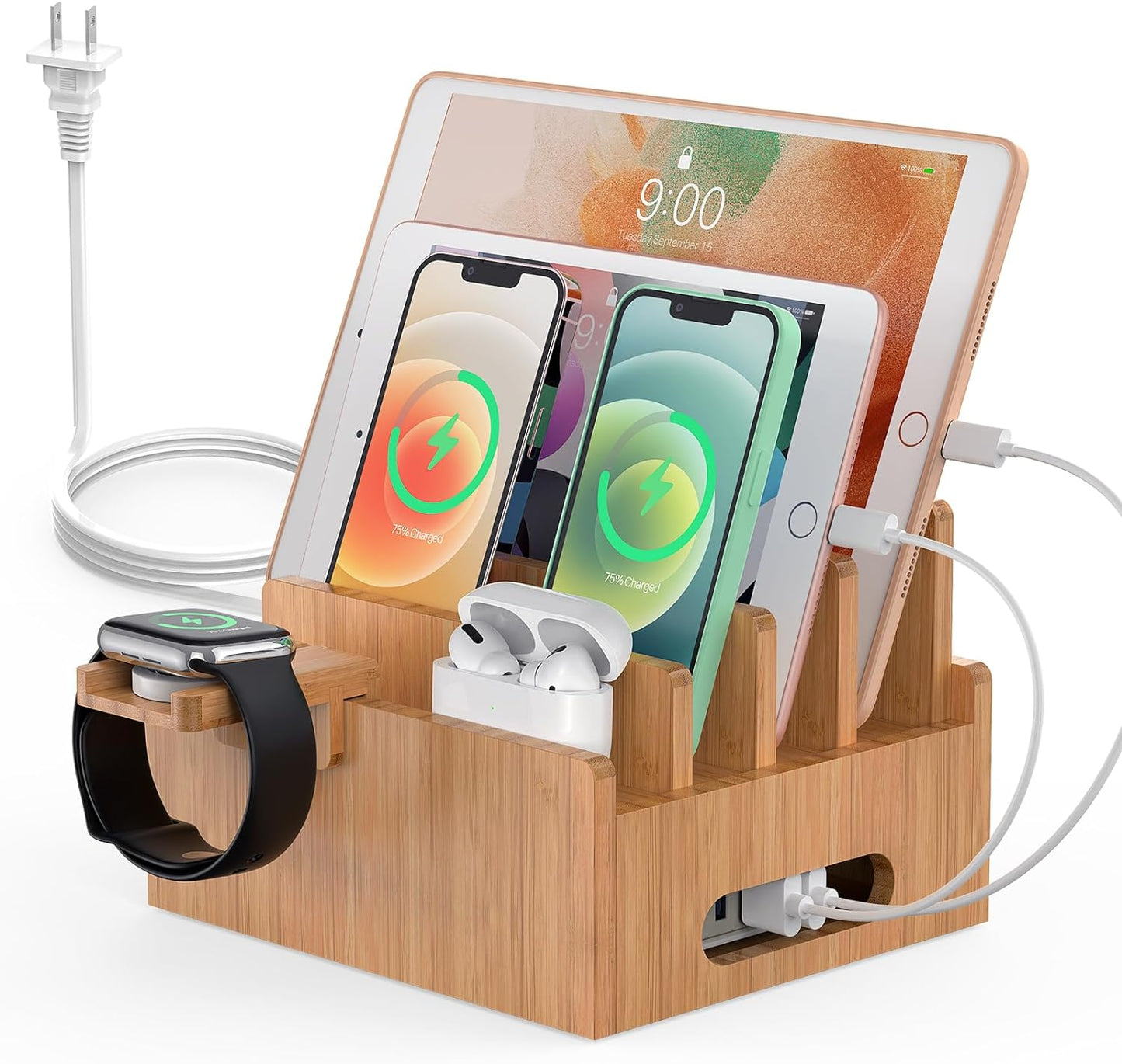 Pezin & Hulin Bamboo Charging Station for Multiple Devices with 5 Port USB Charger, 5 Cables, Smart Watch & Earbuds Stand, Desk Docking Stations Electronic Organizer for Cell Phone, Tablet