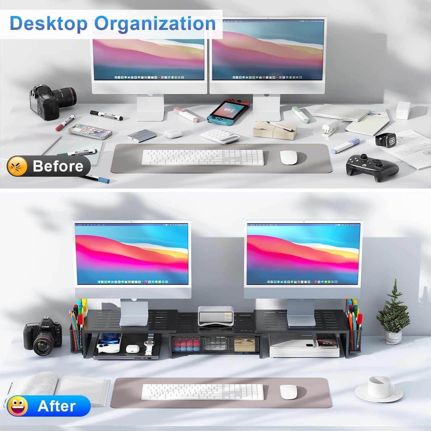 gianotter Computer Dual Monitor Stand Riser For Desk, Desk Organizers And Accessories With Drawer And 2 Pen Holder For Office, Home, School Supplies (Black)