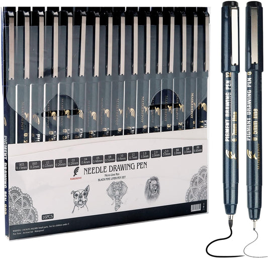 Micro Fineliner Drawing Art Pens Calligraphy Pens for Artist Drawing Supplies, 16 Set Waterproof Black Ink Pens for Sketching,Technical Drawing