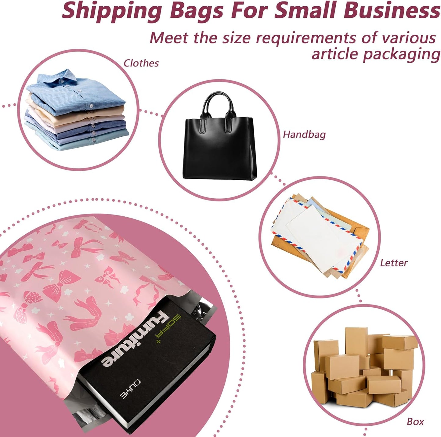 Poly Mailers 10x13 Inch 100 Pcs - Pink Bow printed Shipping Bags, 2.4mil Thickness, Waterproof and Tear Resistant Mailing Envelopes, Self-Sealing Packaging Bags for Small Business