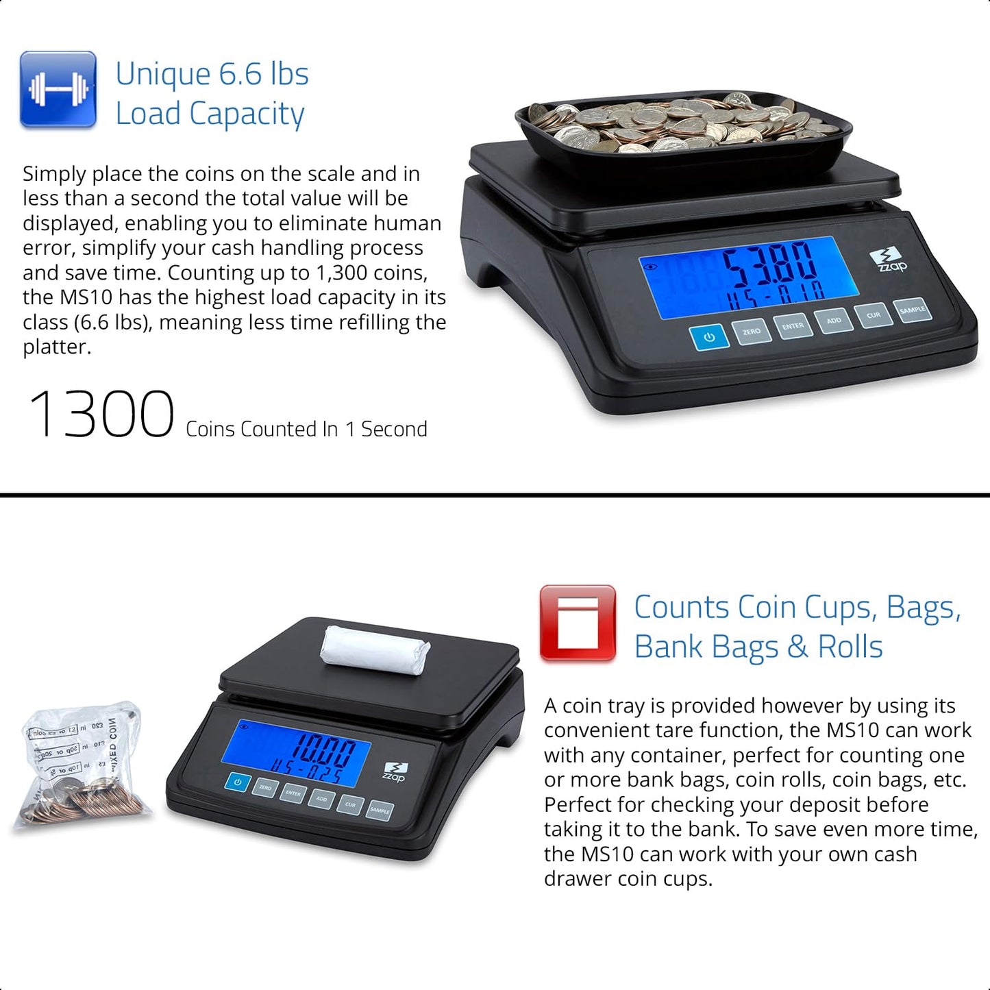 ZZap MS10 Coin Counting Scale - Money Cash Currency Weighing Machine