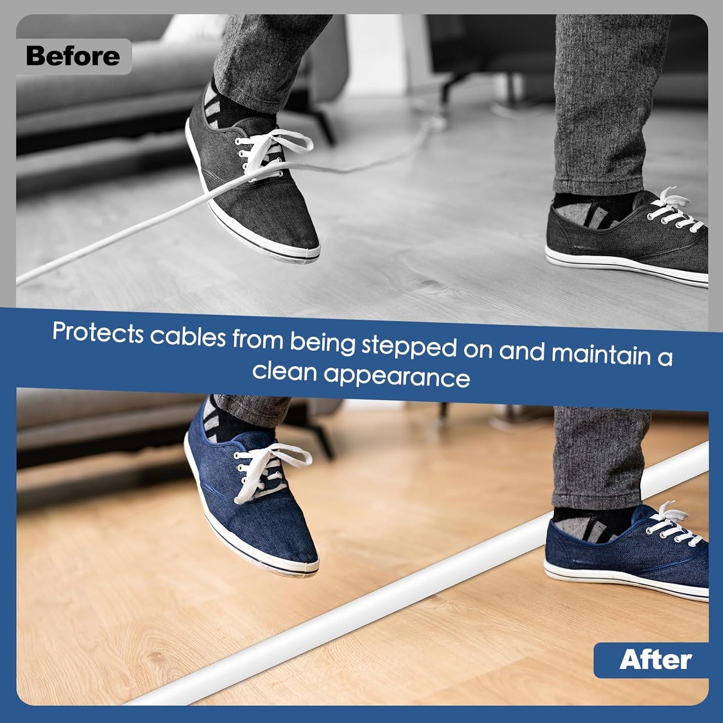 Floor Cord Cover for Wires on Floor Self Adhesive Cord Hider Floor Cable Management Wire Covers for Cords Protector Prevent Cable Trips Cord Cavity W 0.59" x H 0.31", White, 20Ft