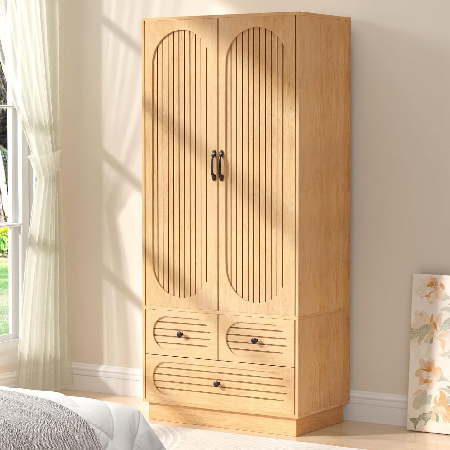 Wood Armoire Wardrobe Closet with Doors, Fluted Wardrobe Cabinet with 3 Drawers, Large Armoire Closet, Tall Clothing Storage Cabinet with Hanging Rod and Shelves, for Bedroom, Laundry, Natural