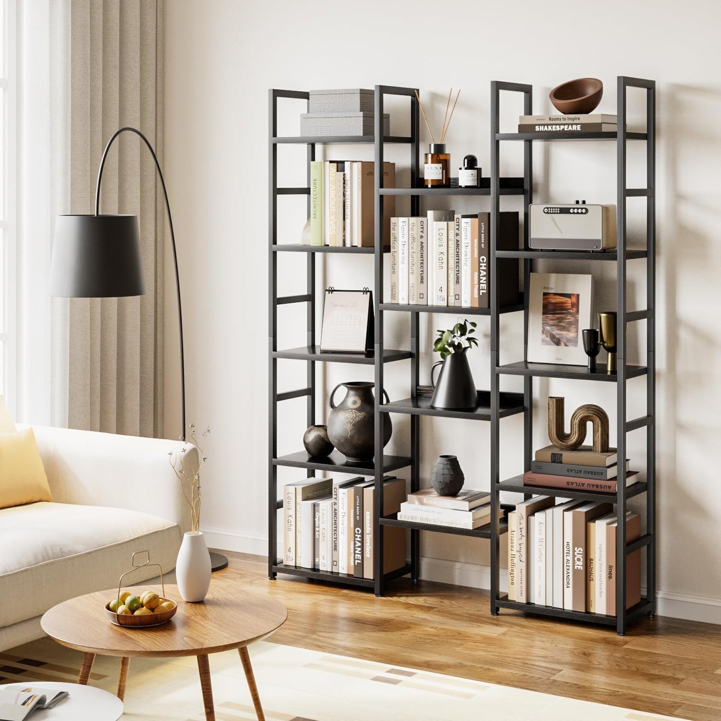 OTK Triple Column 5 Tier Bookshelf, Large Bookcase with 14 Open Display Shelves, Adjustable Industrial Book Shelf with Baffles, Wide Bookshelves for Bedroom, Living Room and Home Office, Black