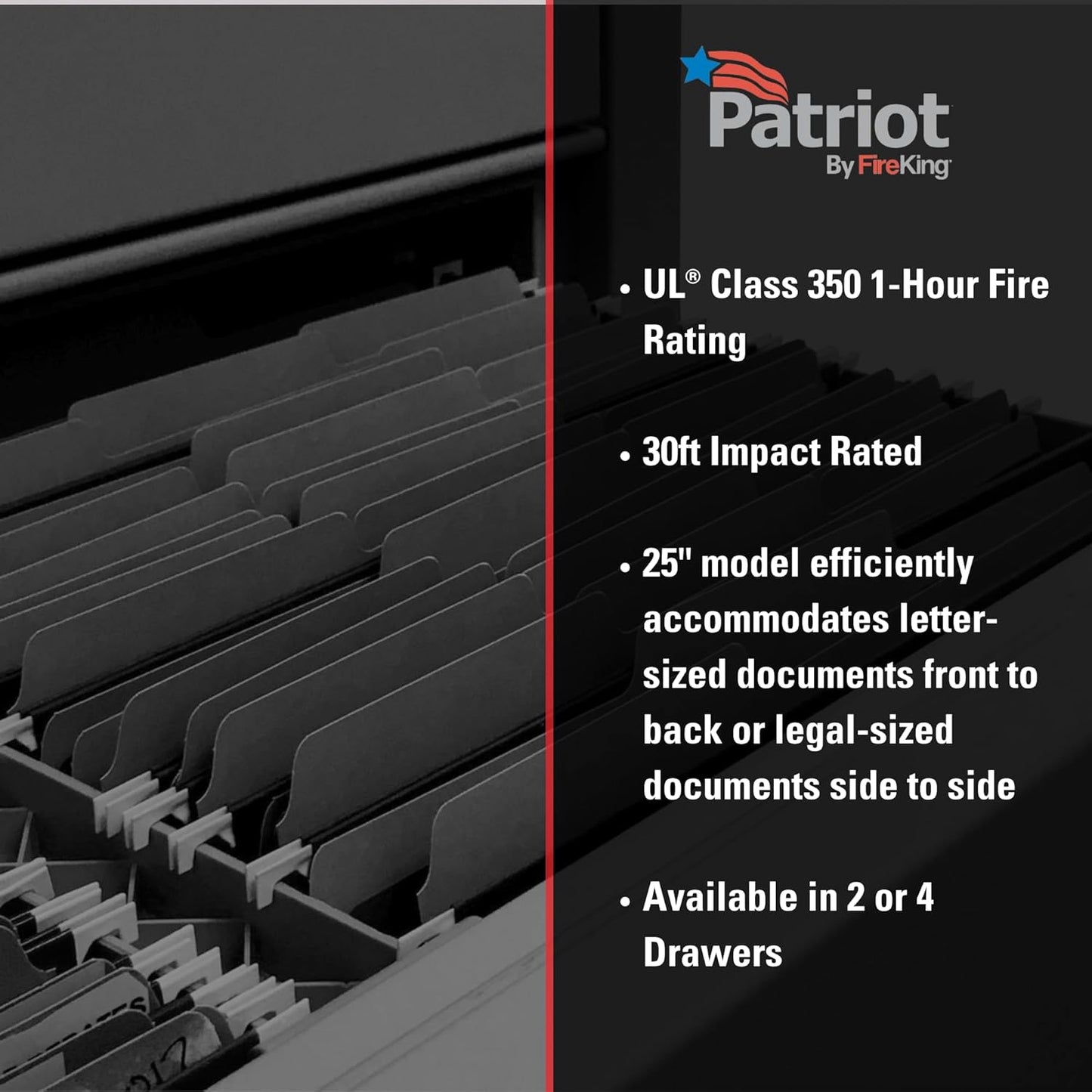 FireKing Patriot Vertical 4 Drawer Legal & Letter Fire Safe File Cabinet, Key Lock, 1 Hour Fire Rated UL Rated & Water Resistant, USA Made, Black