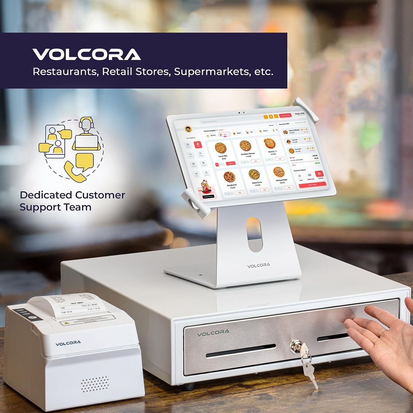 Volcora 16" Manual Push Open Cash Register Drawer for Point of Sale (POS) System - White and Stainless Steel Front Touch Panel - Durable with Removable Tray, 5 Bills and 8 Coin Slots, Key Lock