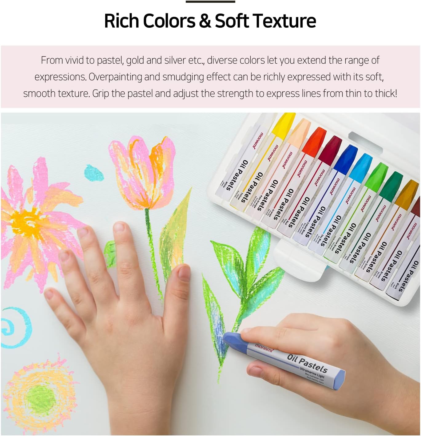 MONAMI Oil Pastels, Jumbo Size Hexagonal Shape for Kids and Students With Handy Carrying Case, 55 Vivid Colors +5 Extra (Total 60) Pack