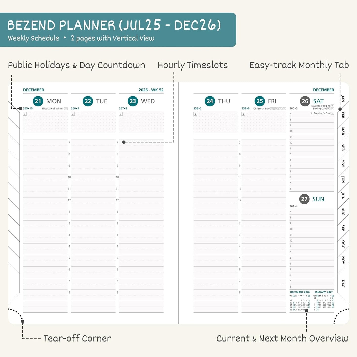 BEZEND Planner 2025-2026 Weekly and Monthly, 8.5" x 11" Academic Calendar (Jul 25-Dec 26) Vertical Daily Appointment with Hourly Timeslot & Monthly Tab, PU Leather Hardcover - Lavender