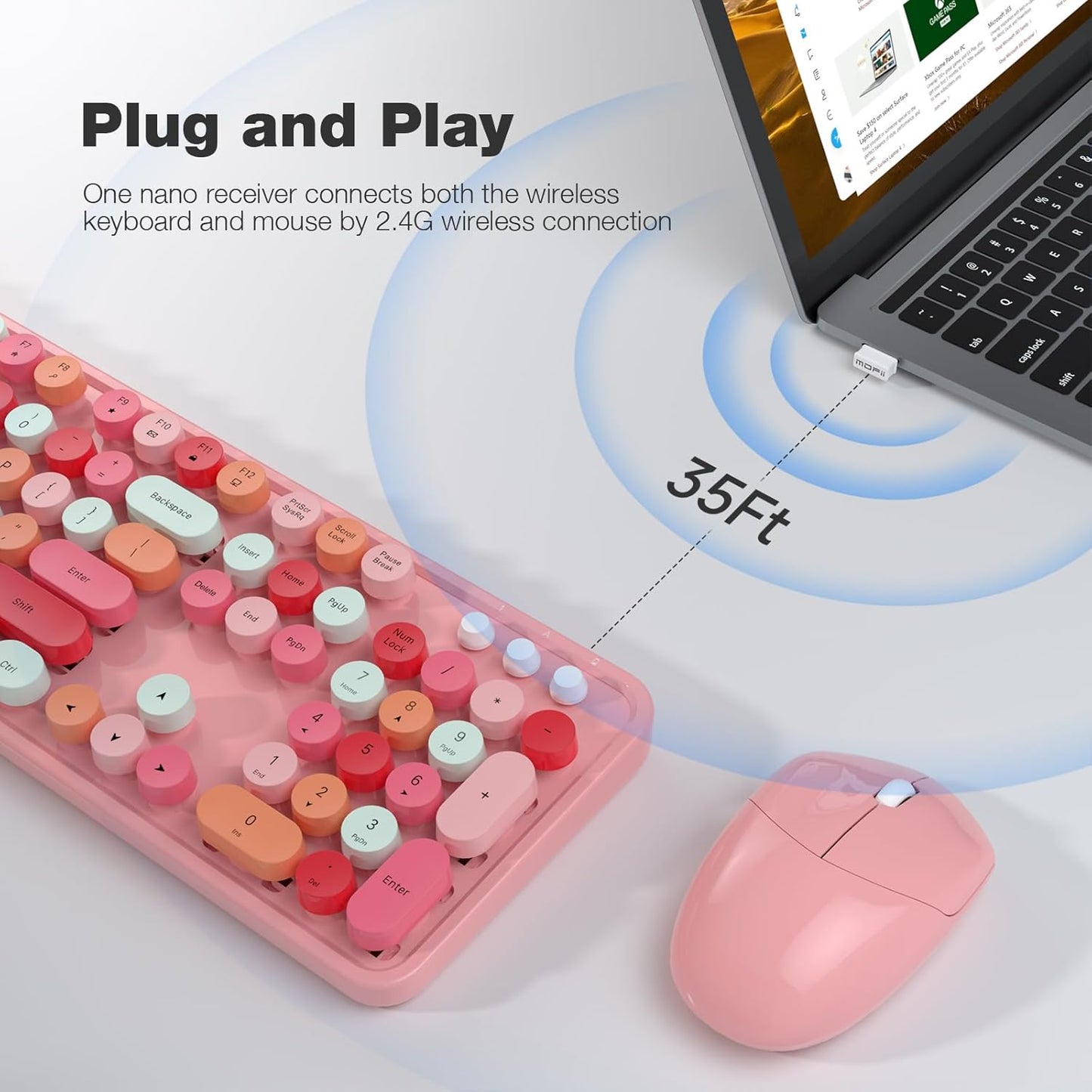 MOFII Wireless Keyboard and Mouse Combo, Pink Keyboard, 2.4GHz Retro Full Size with Number Pad & Cute Wireless Mouse for Computer PC Laptop Notebook Mac Windows XP/7/8/10 (Pink-Colorful)