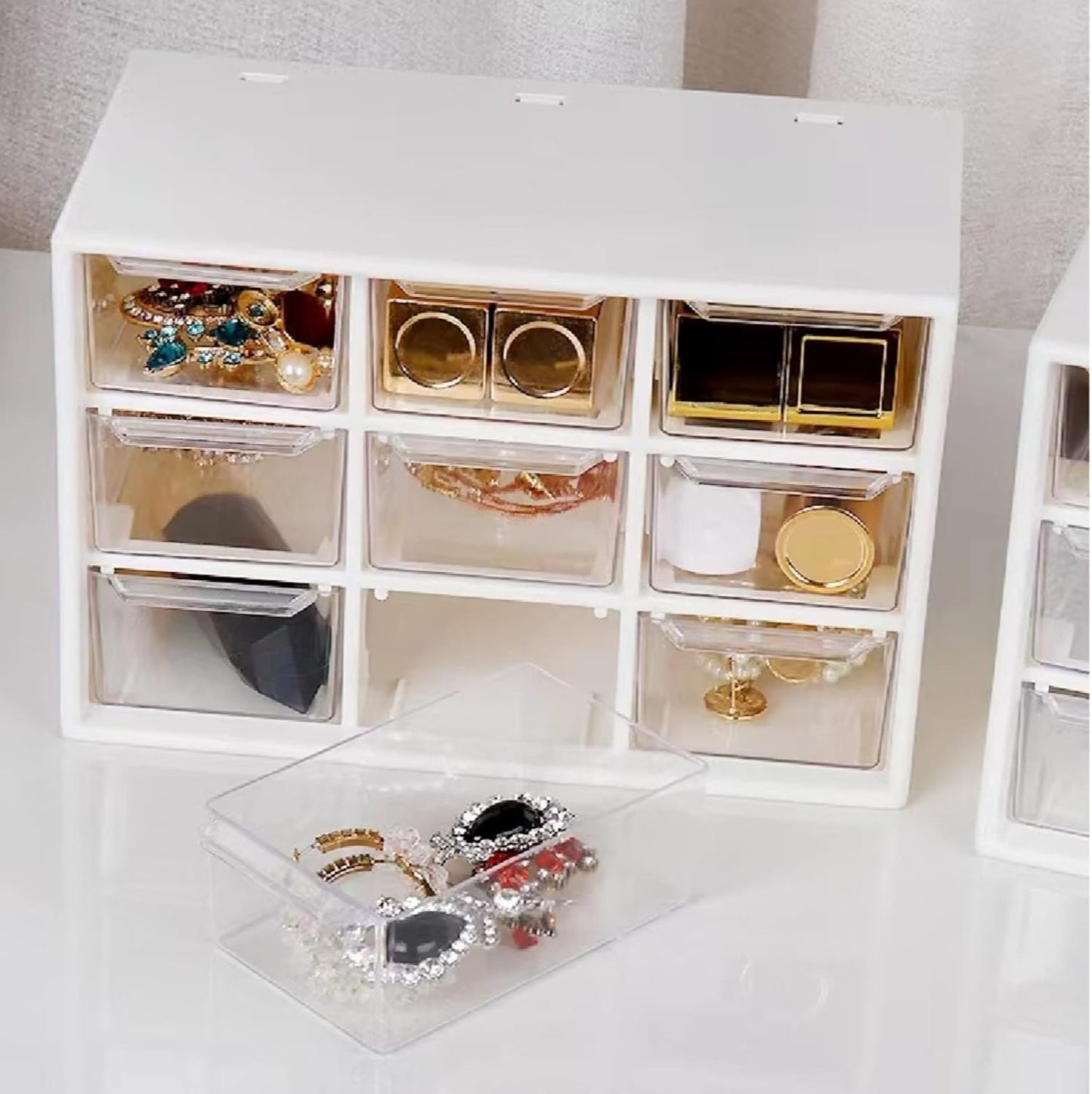 Feadily 4PCS Small Drawer Organizer for Desk, Desktop Drawer Organizer with 9 Clear Drawers, Plastic Desktop Storage Drawers 7.1 Inch x 3 .9 Inch x 4.7 Inch, White
