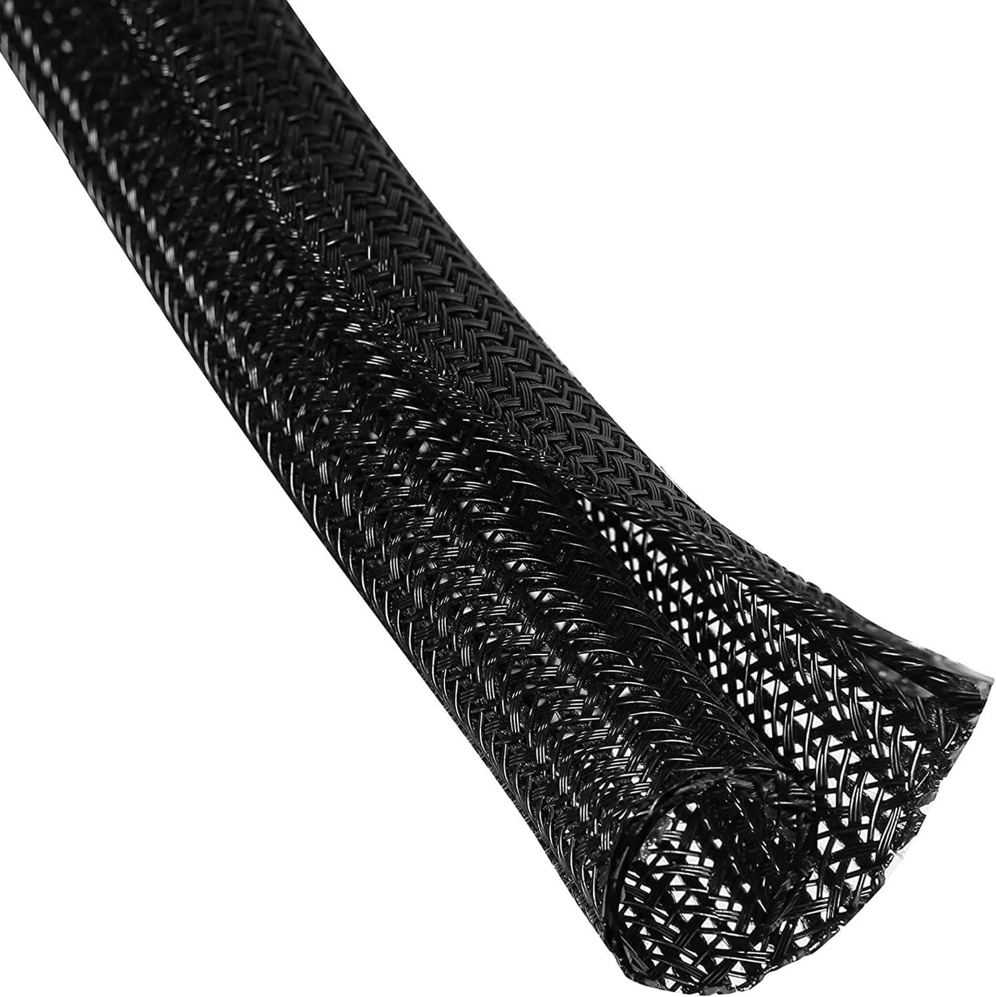 25ft – 1" Split Braided Cable Sleeve – Self-Wrapping Wire Loom Cord Protector for Power Cords, PC, TV, Automotive, and Audio Cable Management – Flexible Cable Organizer – Black
