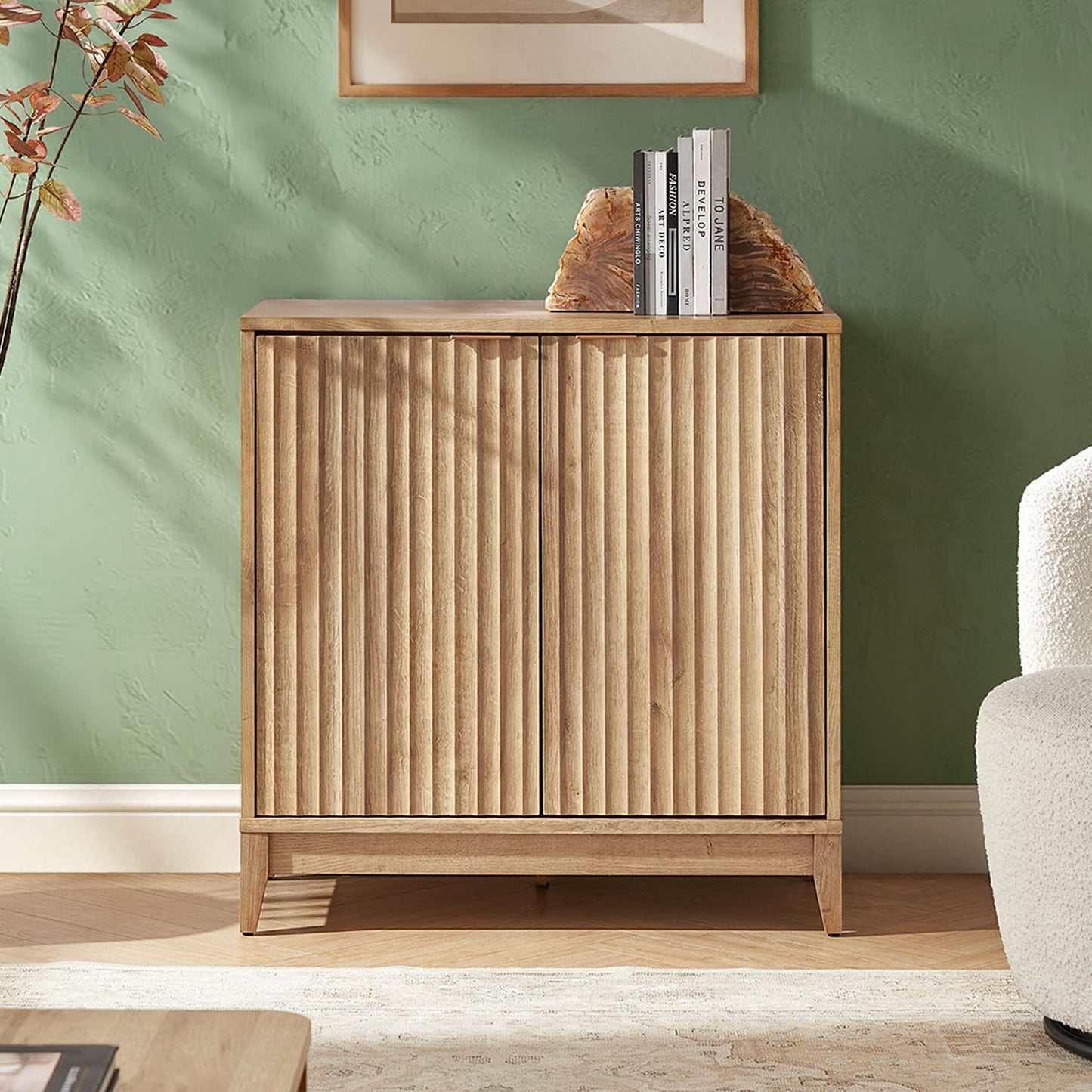 mopio Brooklyn Storage Cabinet, Modern Farmhouse Entryway Accent Case, Buffet Sideboard, Console Table, Credenza, Wood Modular Organizer with Doors & Shelf, Fluted Panel Cupboard (Oak, Set of 2)