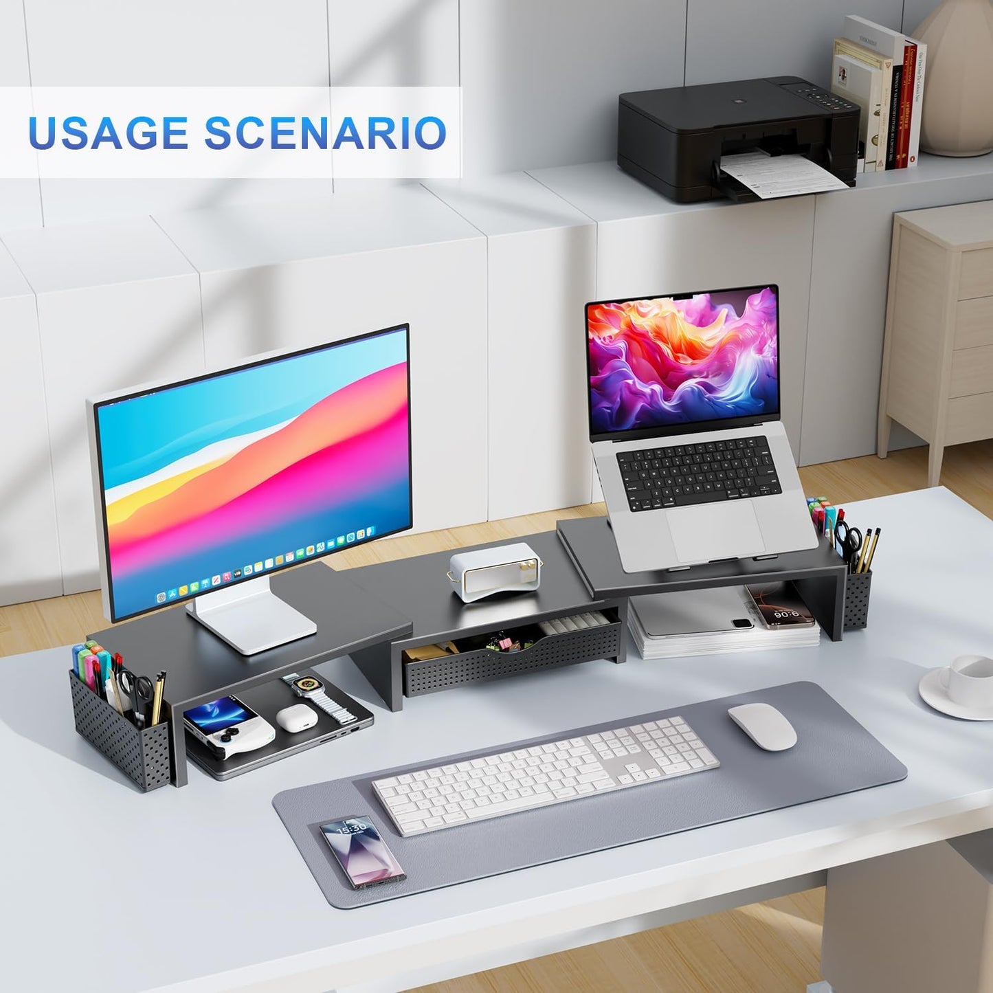 gianotter Dual Monitor Stand Riser, Desk Organizer With Drawer and 2 Pen Holders, Computer Monitor Stand, Desk Shelf for Top of Desk, Balck