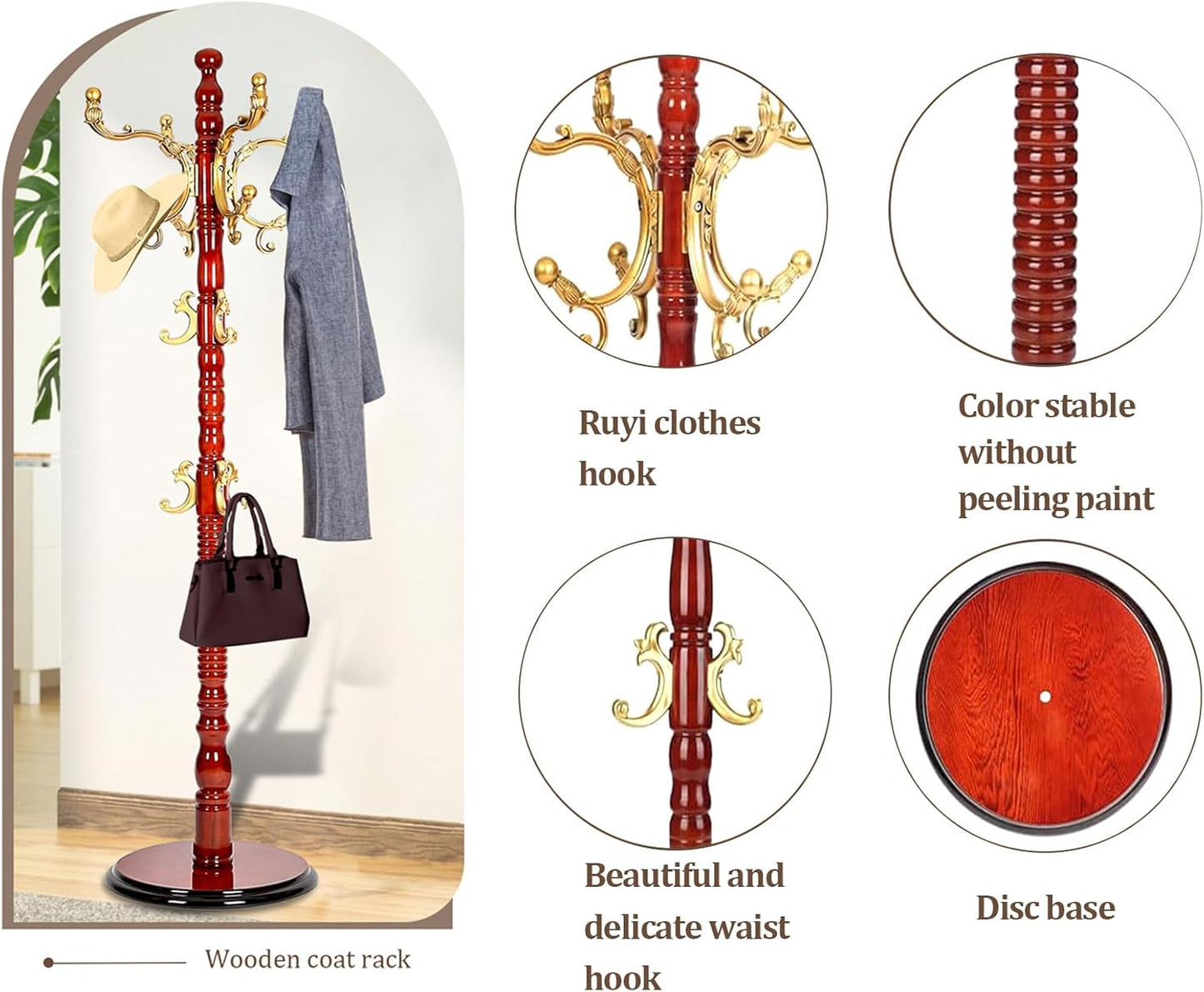 Vintage Wooden Coat Rack Free Standing,14 Hooks, 3-Level Adjustable Height, 73-Inch Retro Coat Rack Stand, Suitable for Entryway, Living Room, Office and Bedroom (Begonia color, 1PCS)