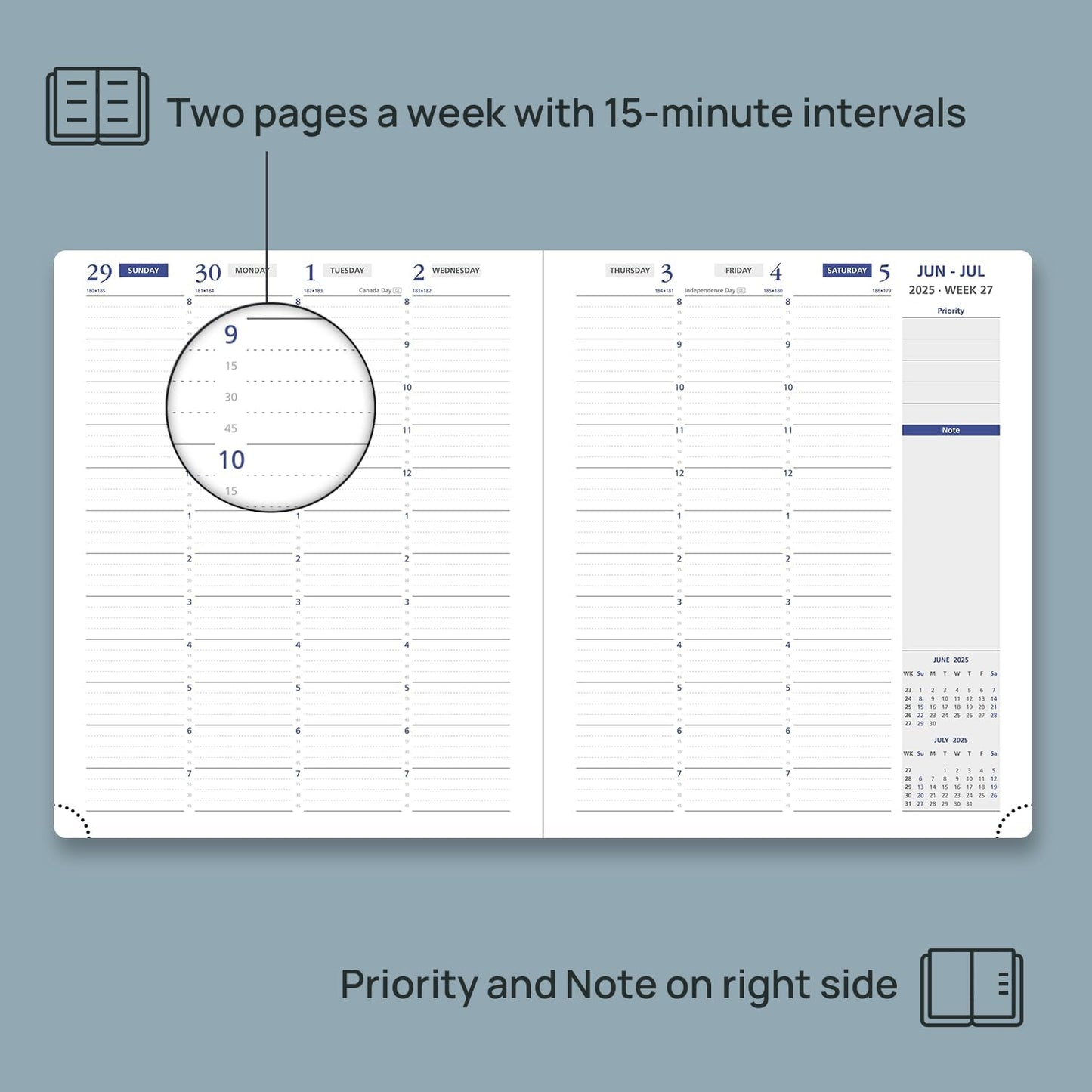 POPRUN Weekly Planner 2025-2026, 7.25'' x 8.5'', 15-Minute Hourly Appointment Book (July 2025-June 2026) with PU Leather Softcover, Monthly Tabs, Inner Pocket - Cornflower