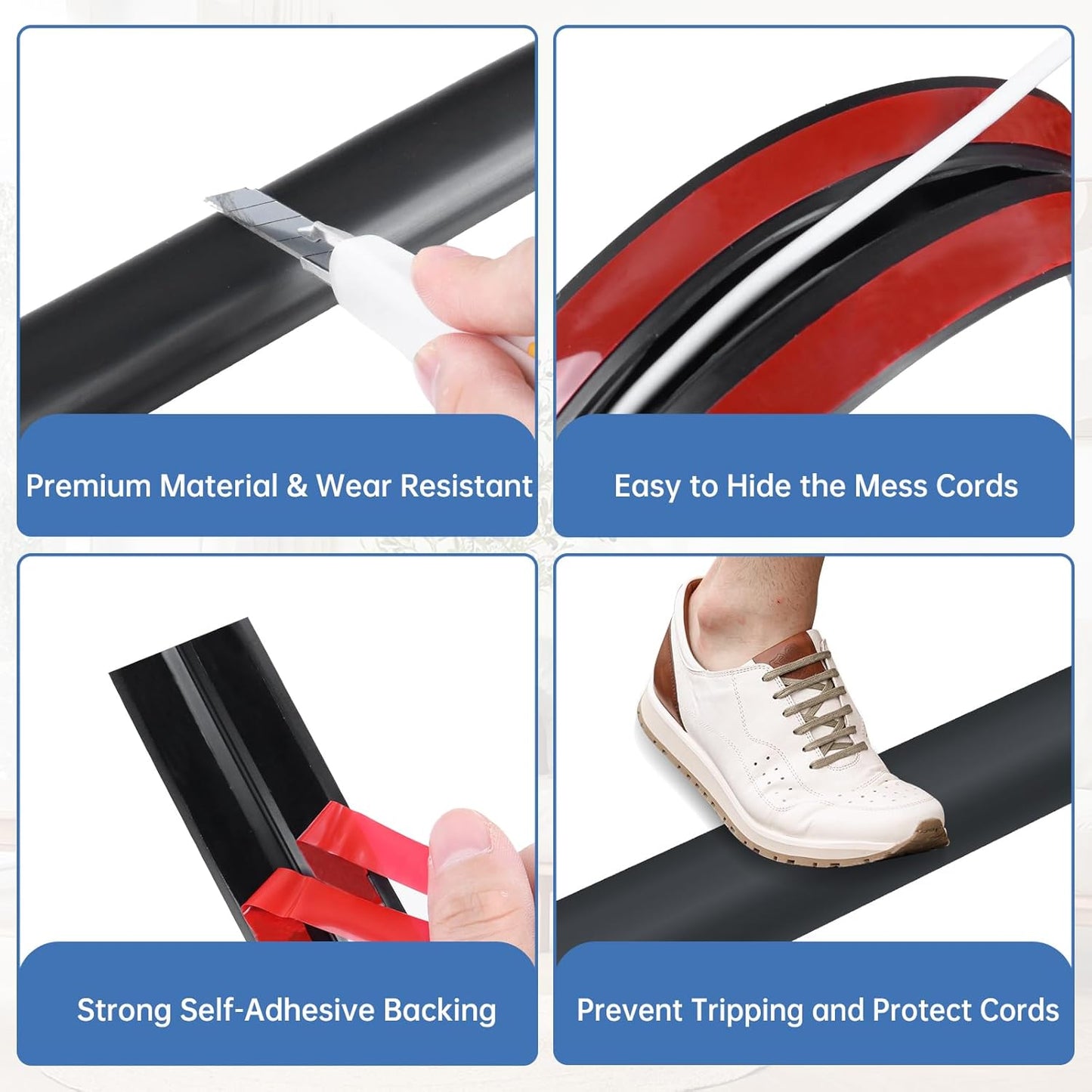 Floor Cord Cover Self Adhesive Cord Hider Floor Extension Cord Covers for Floor Power Cord Protector Cable Management Prevent Cable Trips Cable Cavity 0.59" W x 0.31" H (Black, 20Ft)