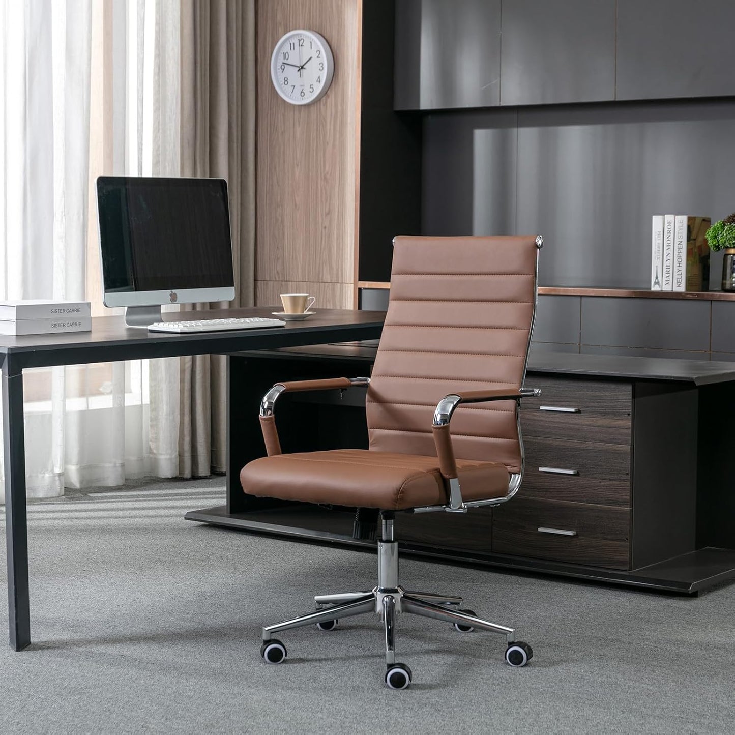 Home Office Chair Ribbed, Modern Leather Conference Waiting Room Chairs,Ergonomic Office Desk Chair, High Back Executive Computer Chair, Adjustable Swivel Chair with Arms (Brown)