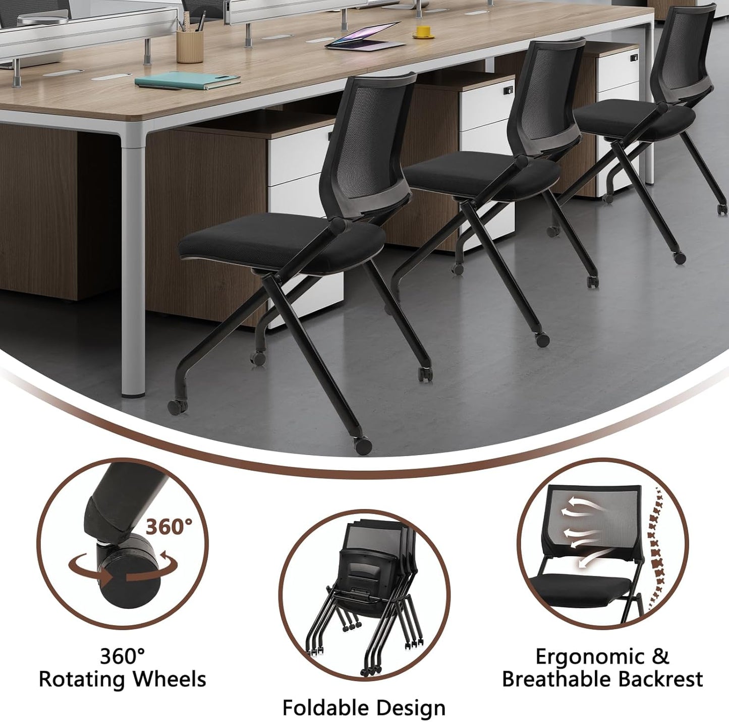 CLATINA Stackable & Foldable Conference Room Chairs, Waiting Room Chairs with Wheels & Lumbar Support, Ergonomic Mesh Bouncing Back Folding Chair for Office Meeting Schools Training Room, Black(4pk)